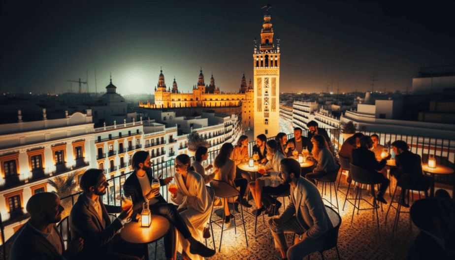 A lively night scene at a Seville rooftop bar. Patrons engage in cheerful conversations, each with a drink in hand, while the majestic Giralda tower lights up the night behind them.