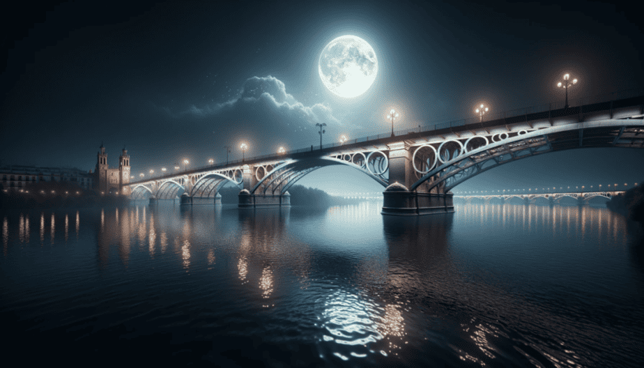 An evocative render of a moonlit evening at the Guadalquivir River in Seville. The iconic Triana Bridge stretches across the river, its detailed architecture illuminated by the gentle glow of the moon. The water beneath the bridge is serene, with subtle ripples reflecting the bridge's majestic silhouette. The Realism art style captures the essence of the scene, emphasizing the ambient light and the architectural beauty of the bridge against the night sky.