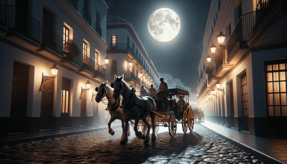 "A captivating render of Seville's historic streets under the enchantment of moonlight. Horses, tethered to traditional wooden carts, traverse the ancient cobblestone pathways. Their hooves resonate a rhythmic clip-clop, echoing the tales of times gone by. The gentle moonbeam bathes the scene, casting subtle shadows and highlighting the intricacies of the carts and the surrounding architecture, evoking a profound sense of romance and nostalgia.