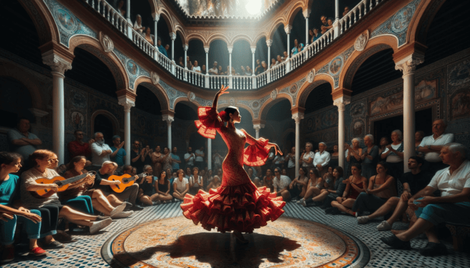 In a sunlit courtyard adorned with intricate tiles, onlookers gather, their expressions filled with anticipation. At the heart of the courtyard, a fountain bubbles gently. Taking center stage is a female Flamenco dancer in a radiant red dress, her arms elegantly raised and her eyes brimming with intensity. The distinct sound of castanets accompanies a guitarist's melodic tune, enveloping the scene with an authentic Sevillian ambiance.

