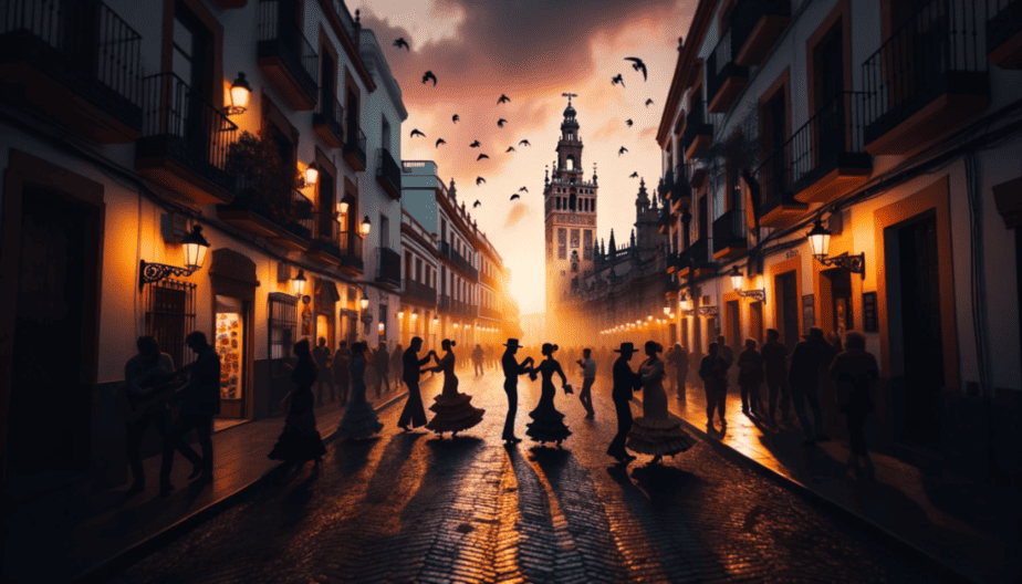 A serene evening scene of Seville's cobblestone streets illuminated by the soft glow of street lamps. Silhouettes of Flamenco dancers grace the foreground, their movements echoing the rich traditions of the dance. In the distance, the faint strumming of a guitar can almost be heard, completing the ambience of the scene.