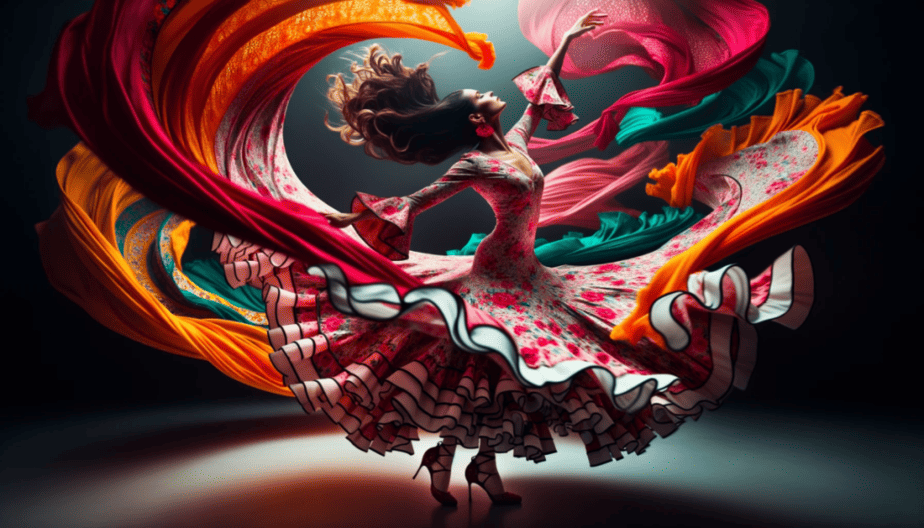 A mesmerizing capture of a female Flamenco dancer in mid-spin. Her vibrant 'traje de flamenca' dress, adorned with ruffles and polka dots, swirls around her, creating a dynamic play of colors and movement. The image encapsulates the very essence and emotion of the Flamenco dance.
