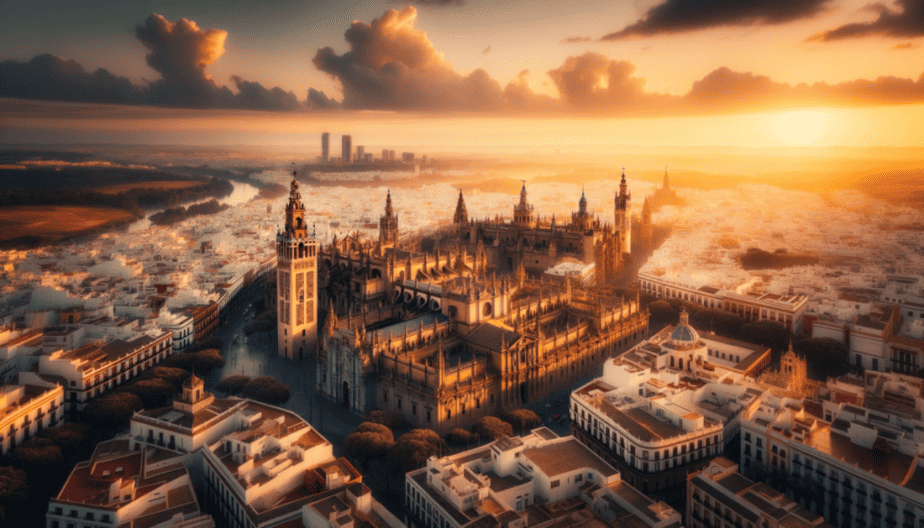 Panoramic view of Seville's cityscape under a golden sunset. The skyline showcases a harmonious blend of historic and modern structures, reflecting the city's rich architectural heritage.