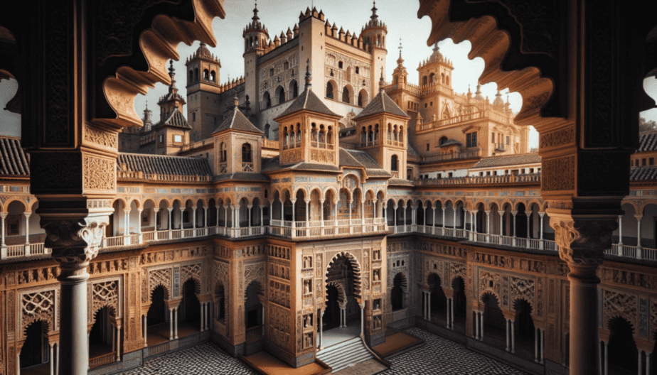 Photo of the majestic Alcázar of Seville, showcasing its diverse architectural styles. The palace walls reflect its rich history, from its origins as a Muslim fort to its present-day blend of Mudejar, Gothic, Renaissance, and Baroque designs.