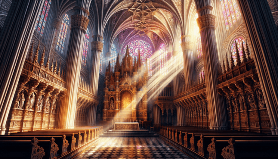 Illustration depicting a serene moment inside Seville Cathedral, where rays of light pierce through the stained glass windows, bathing the intricate wooden choir and chapels in a colorful glow.