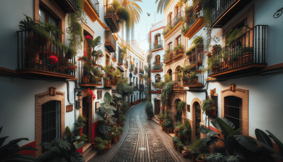 Photo of the atmospheric streets of Barrio Santa Cruz in Seville, with its labyrinthine alleys, historic buildings, and vibrant flora adding to the district's charm.