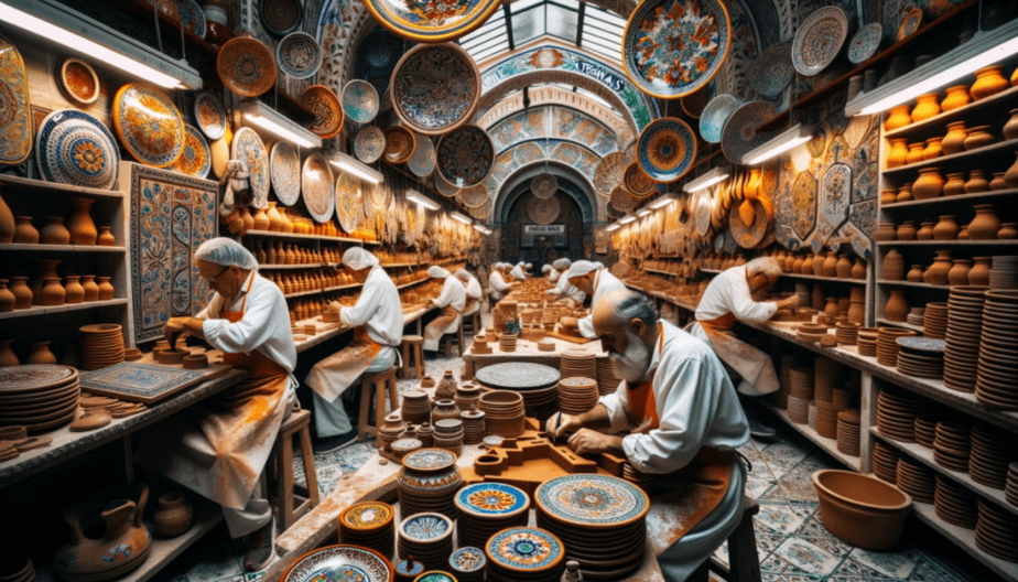 Photo of a ceramic workshop in Triana, Seville, showcasing artisans meticulously crafting traditional tiles. The vibrant colors and intricate patterns of the ceramics reflect Triana's rich legacy in pottery.