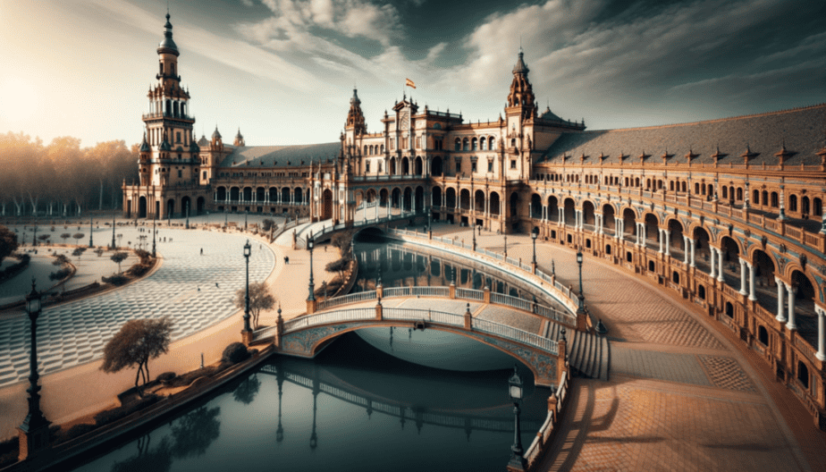 Photo capturing the grandeur of Plaza de España in Seville, with its semicircular building, ornate bridges, and the canal reflecting the architectural beauty.