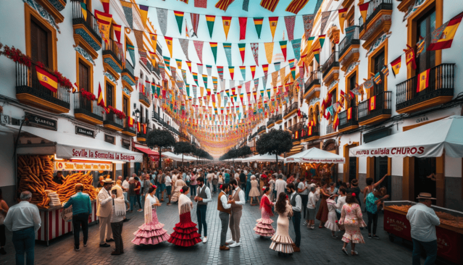 Photo of Seville's streets adorned with colorful flags and banners, stretching wide, showcasing the expanse of the celebration. Locals and tourists alike are immersed in the festive atmosphere, with people in traditional Spanish outfits dancing to the rhythm of flamenco music, while a vendor in the distance offers delicious churros.