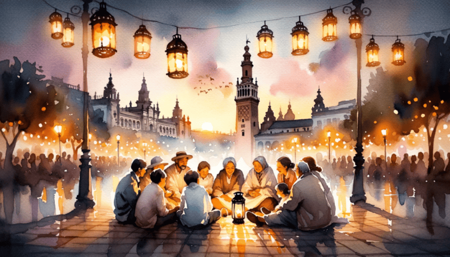 Watercolor painting of a serene evening in Seville. As the sun sets, families, young and old, sit together sharing stories of past festivals. The glow from lanterns illuminates their faces, symbolizing the continuity of traditions and the importance of festivals in binding generations together.