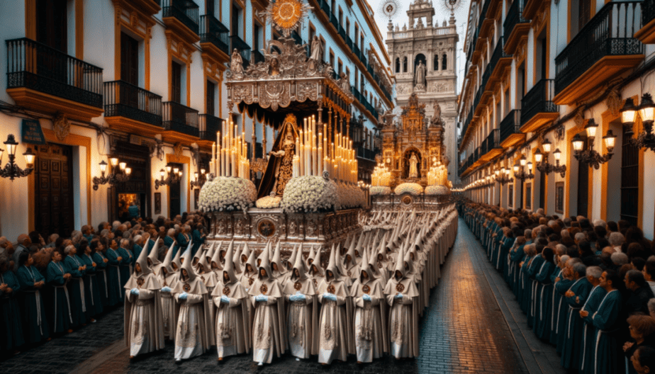 Photo of the streets of Seville during Semana Santa (Holy Week), with grand processions showcasing ornate floats and penitents in traditional robes. The solemn atmosphere is palpable as the city pays homage to its religious heritage.