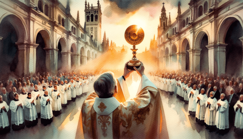 Watercolor painting capturing a serene moment during Corpus Christi in Seville. A priest, in ceremonial robes, holds the Eucharist high for the congregation to see, while the golden hues of the setting sun cast a divine glow over the gathering.