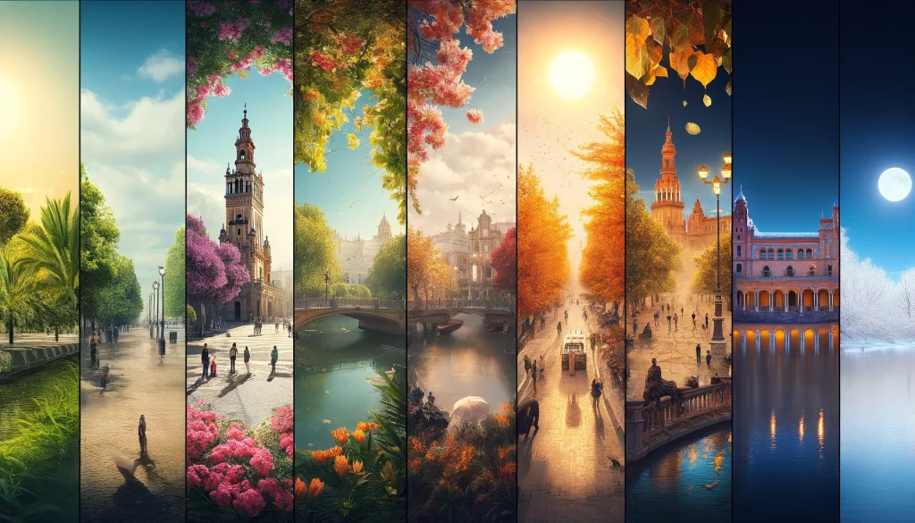 A creative panoramic image that depicts Seville across the four seasons. Each section of the image could represent a different season in Seville, from the blooming flowers of spring in the Maria Luisa Park, the sun-drenched streets in summer, the mild and pleasant autumn along the Guadalquivir River, to the festive lights of winter.