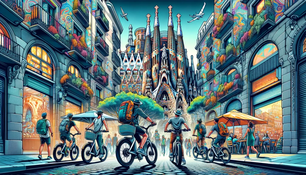 A dynamic and highly detailed illustration of a guided e-bike tour through the vibrant streets of Barcelona, emphasizing the excitement and cultural richness of the city. The image should feature a diverse group of tourists on stylish e-bikes, exploring iconic landmarks and architectural marvels designed by Antonio Gaudi. The scene should include intricate details like colorful street art, bustling cafes, and lush greenery, making it an enticing visual that captures the essence of an adventurous and cultural journey through Barcelona.