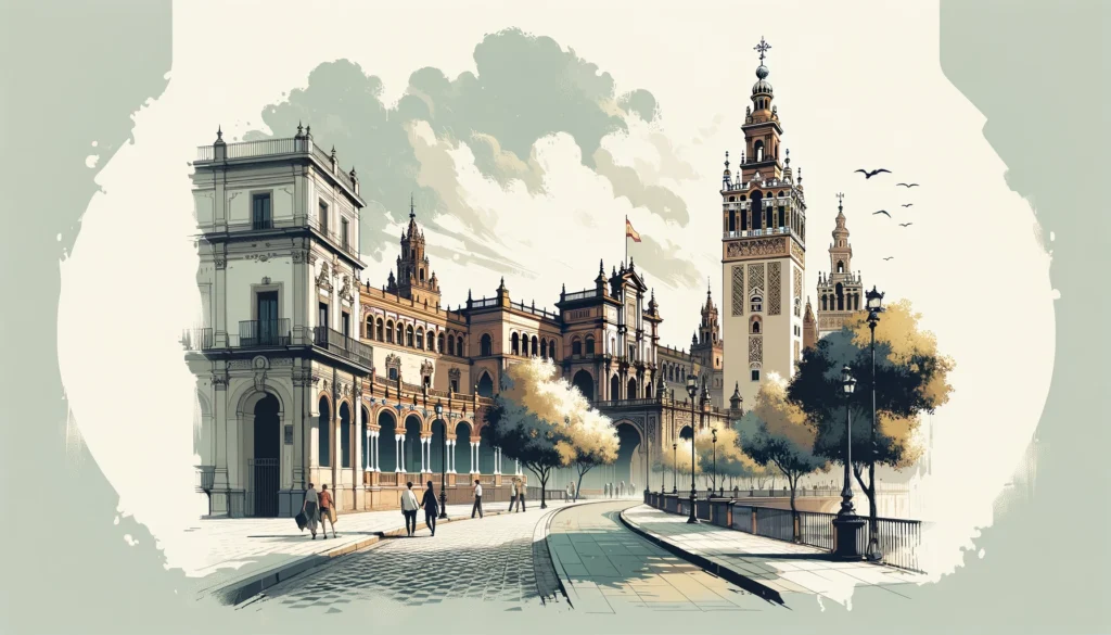 A sophisticated, high-quality vector wallpaper image depicting a scenic walking tour in Seville, Spain. The image should include iconic landmarks such as the Giralda and the Real Alcázar in a stylized, artistic representation. The scene is captured in a modern, elegant style with a focus on architectural details and a serene, harmonious color palette. The image is designed to be visually appealing and decorative, resembling a stylish wallpaper rather than a cartoon, suitable for a professional travel blog.