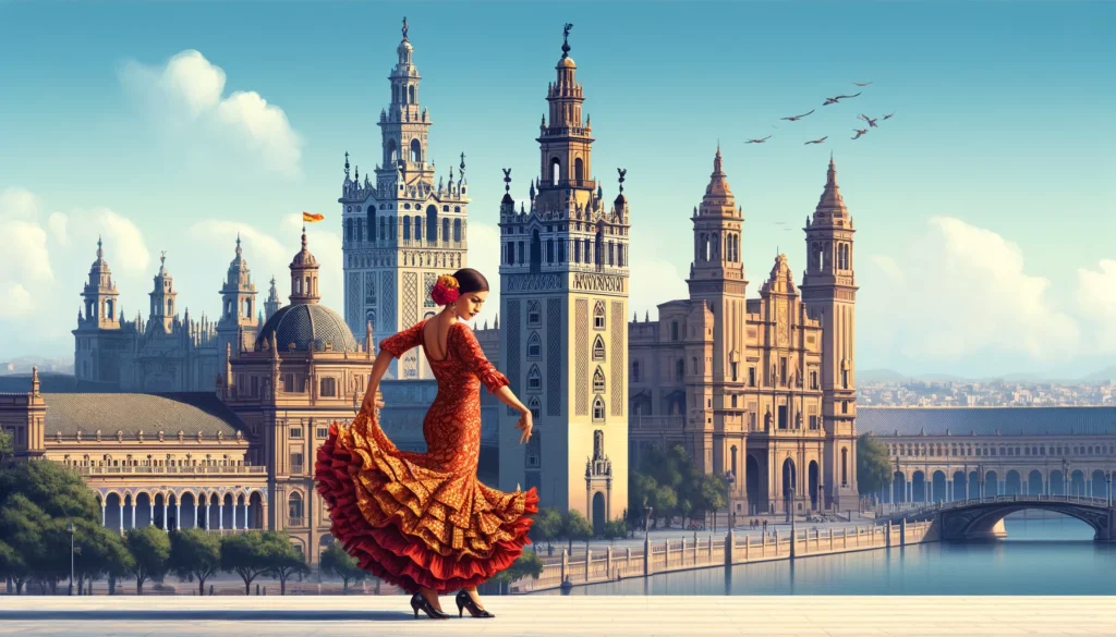 Realistic depiction of Seville's landmarks, featuring the Giralda Tower and the Royal Alcázar, with a flamenco dancer in vibrant attire performing in the foreground against the cityscape.