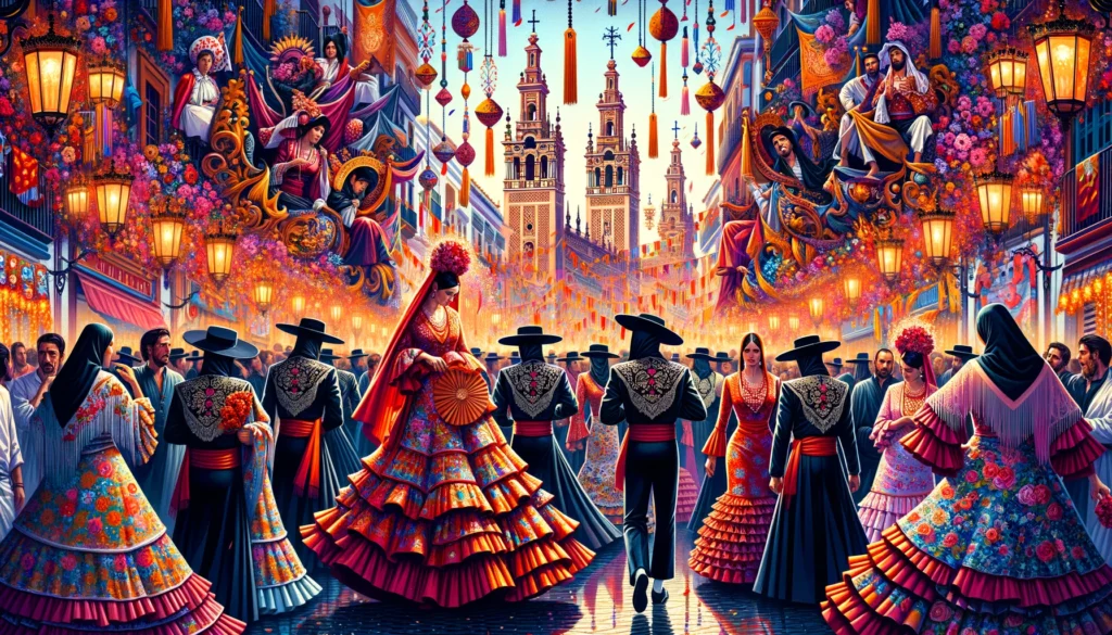 Festive scene from Seville's Semana Santa and Feria de Abril, showing participants in traditional flamenco dresses and hooded Nazarenos, with decorations and crowds celebrating in the streets, capturing the cultural richness and festive spirit of the events.