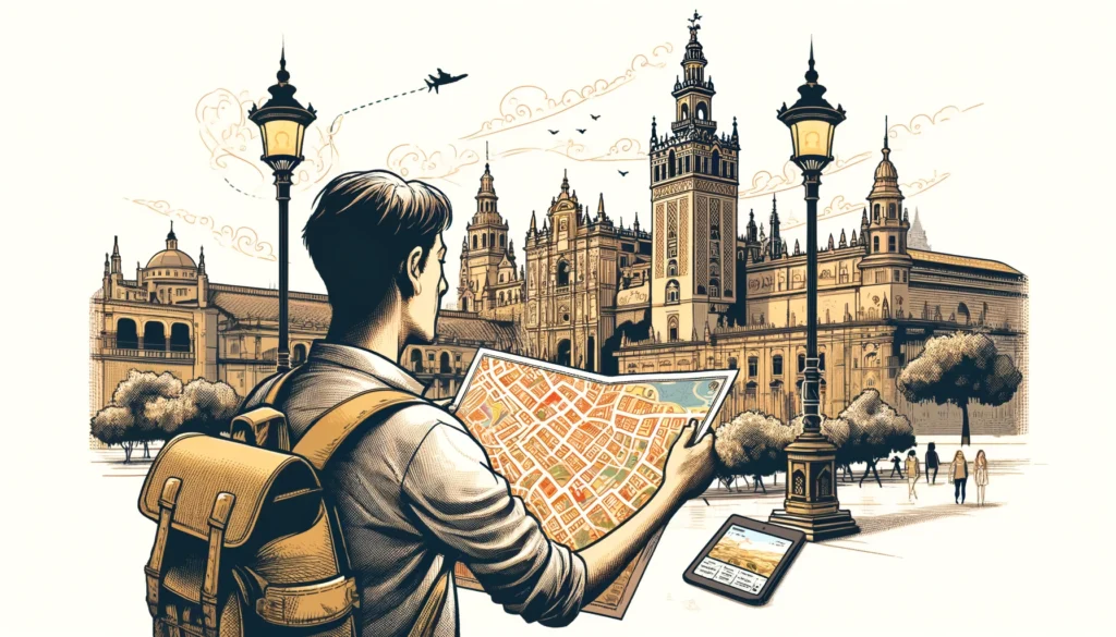 Enthusiastic tourist planning their visit to Seville, examining a city map with iconic landmarks like the Royal Alcázar and Giralda tower in the background, symbolizing preparation and anticipation for discovering the city's attractions.