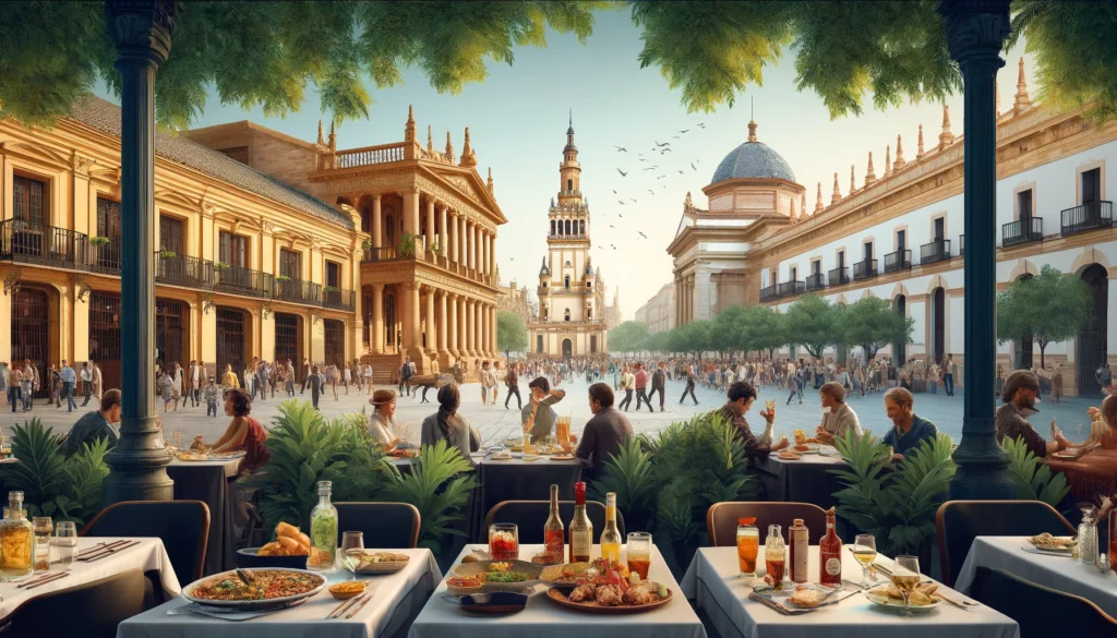 "A realistic and detailed depiction of the top restaurants near Alameda de Hercules in Seville. The scene features traditional Spanish architecture blended with modern dining areas, outdoor seating with tables, and people enjoying meals. Iconic Spanish dishes like tapas and paella are prominently displayed. The background shows the historic Alameda de Hercules with its iconic columns and lush greenery, capturing the vibrant atmosphere during both day and evening times.